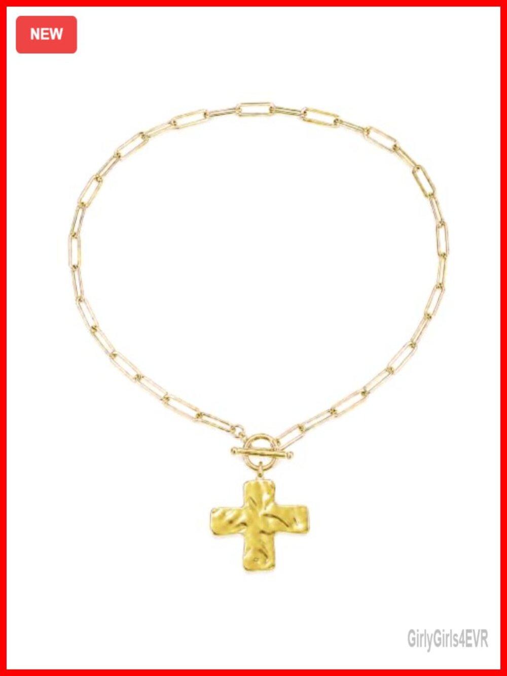 18K Gold Cross Necklace Hammered Pendant Paperclip Chain Religious Gift